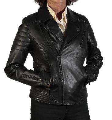 Ladies Detailed Cross-Over Black Leather Biker Jacket - SL1100392